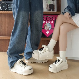 <b>Canvas</b> sneakers men couple Chunky Platform Sneakers White <b>Round</b> Toe Lace-Up Thick Sole Rubber Out sole All Seasons PU texture - Product Image 3