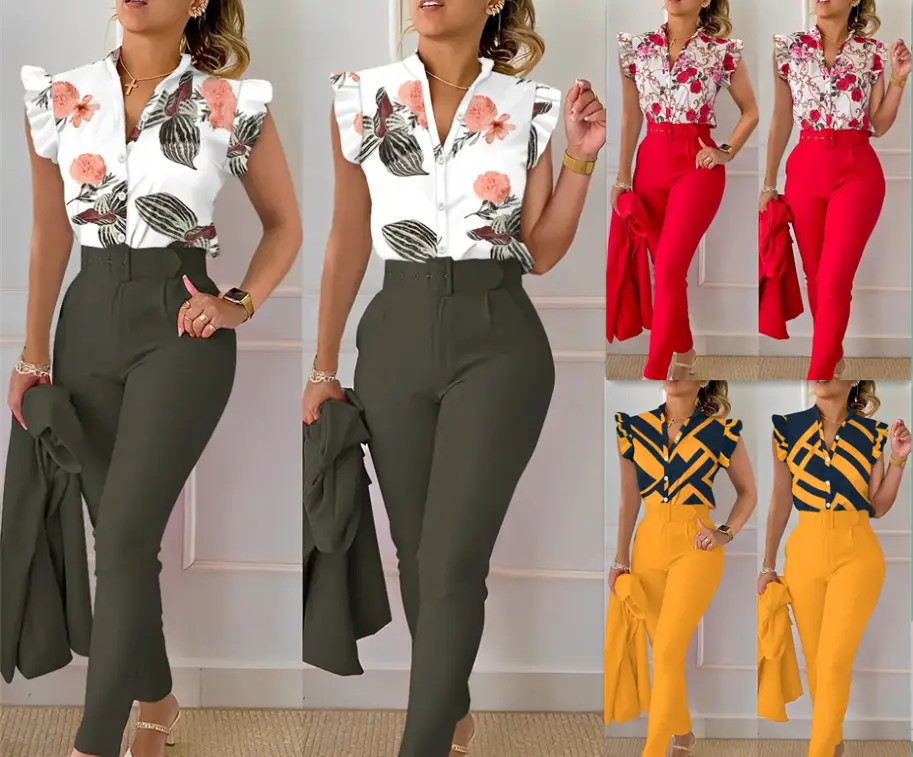 Women 2024 Summer 2 Piece Set Floral Sleeveless Shirt Top Ruffle Sleeve Long Trousers with Belt Casual Long Pants Casual Suits