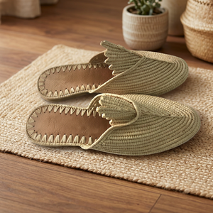 Sandalias de Rafia con Decoración de Borlas, Diseño a Rayas, Punta Abierta, Transpirables, para Verano, Interior, con Forro de Cuero Genuino - Product Image 1