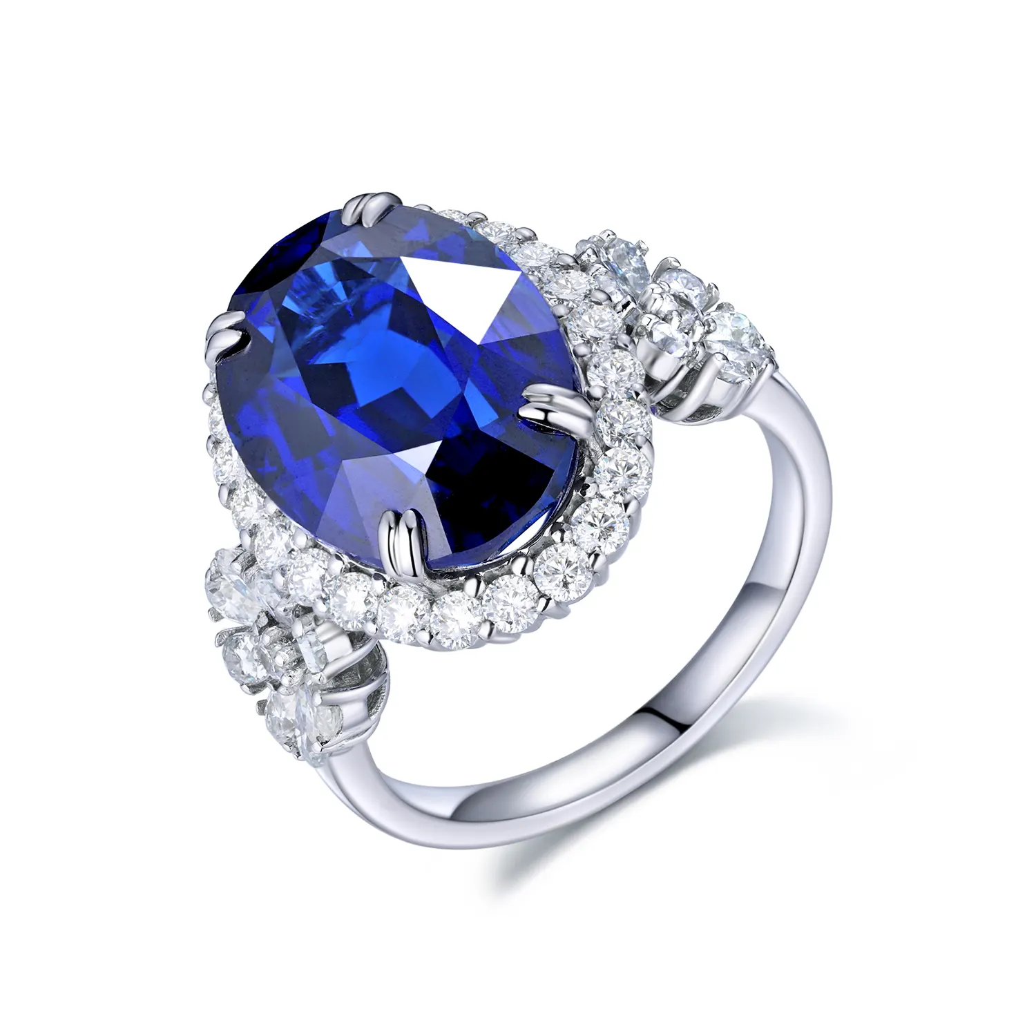 การออกแบบที่กำหนดเอง18พันสีขาวทองแหวนไพลินสีฟ้าสำหรับผู้หญิง