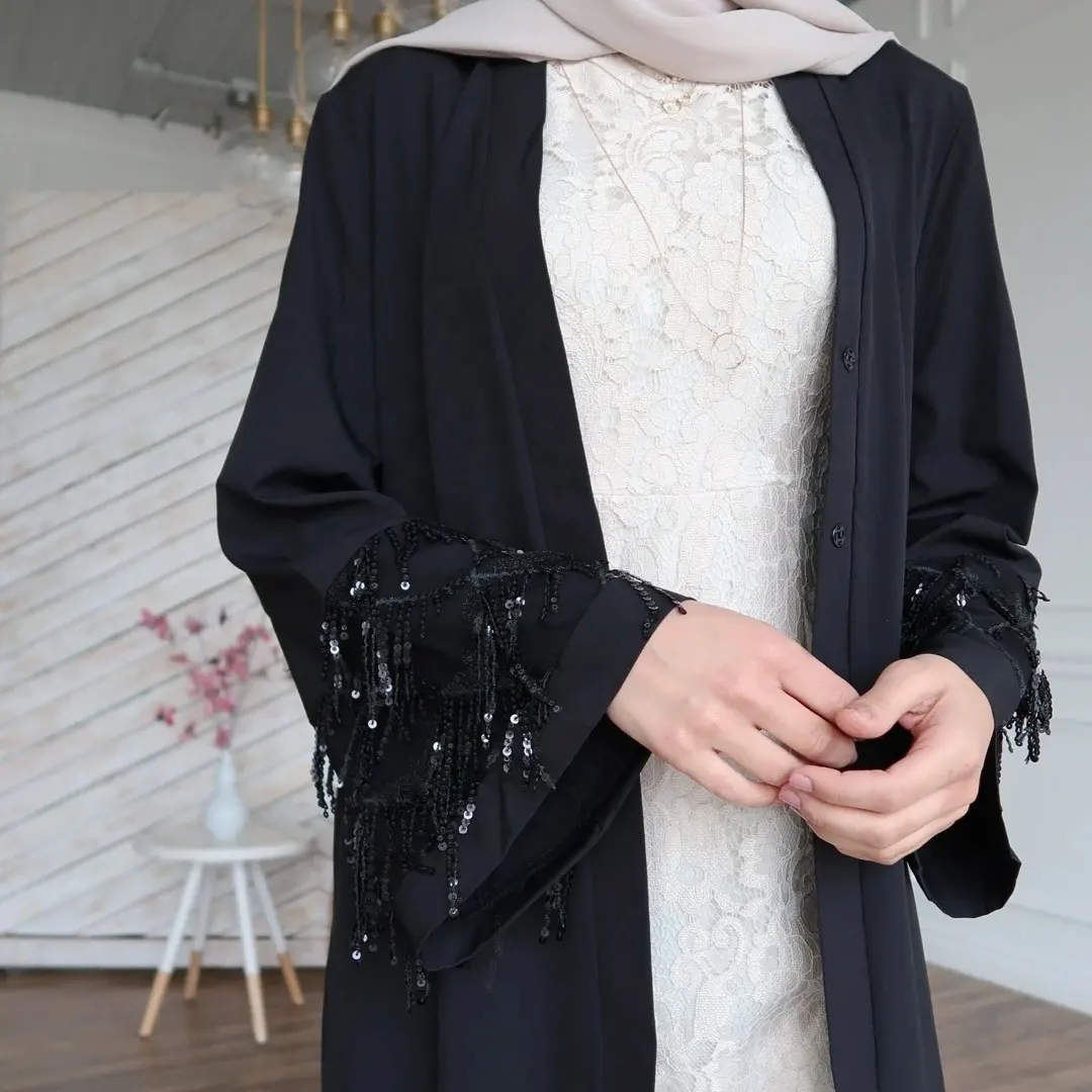 OUDINA Moroccan Kaftan Long Sleeve Tassel Dubai Dresses Golden Ribbon Loose Dresses For Women Muslim Dress