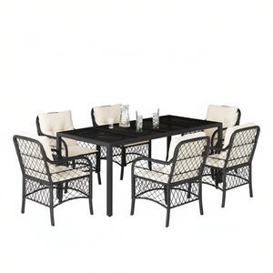 Set da Pranzo da Giardino Bianco Crema e Nero per 6 Persone, Struttura in Rattan e Metallo, Resistente alle Intemperie, Design Contemporaneo - Product Image 1