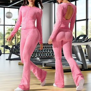 Conjunto Deportivo Ligero Sin Costuras con Estampado de Leopardo para Mujer, Chaqueta con Espalda Descubierta, Pantalones Acampanados de Cintura Alta, Ropa Deportiva Elástica para Yoga - Product Image 2