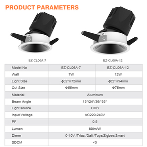 EZELED Superventas Dimmer Control Smart Spotlight IP20 Aluminio Downlight 7 12 Watt Lámpara empotrada <span class=keywords><strong>LED</strong></span> - Product Image 2