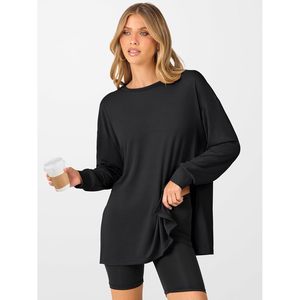 FOXA Women's Oversized Long Sleeve Tunic Top Loose Fit Athletic Gym Wear Solid Black Workout Shirt 2026 Outfit - Product Image 2