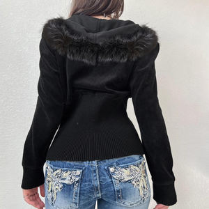 <b>Women</b> <b>Velvet</b> Hooded Zip Up Hoodie Faux Fur Trim Embroidered Slim Fit Casual Streetwear <b>Jacket</b> - Product Image 4