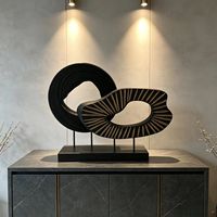 Sculpture en bois massif sculptée à la main, double abstrait, creuse, à grain concentrique et radial, noir vieilli, style Wabi Sabi, pour décoration de table