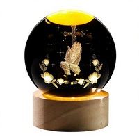 Bola Doa Kristen Kristal 3D Buatan Tangan dengan Alas Kayu LED, Desain Salib Kaca, Hadiah Unisex, Dekorasi Rumah, Lampu Malam