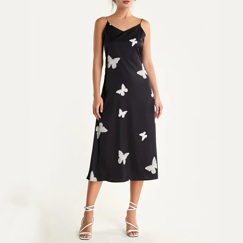 High Quality Butterfly Print Summer Dress For Women Black Chiffon Cami Sun Dresses Women Casual Midi Dress