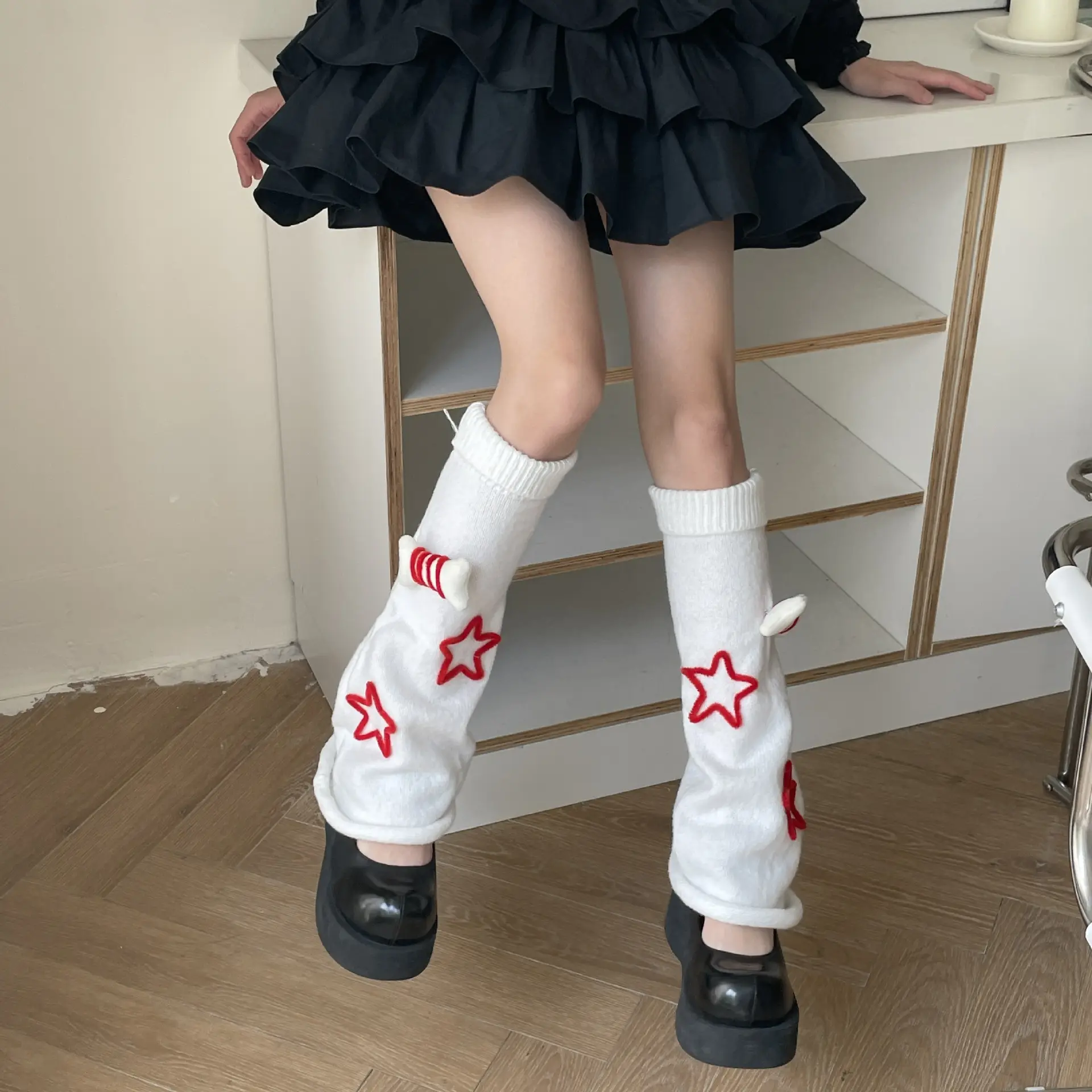 2022 kış Harajuku beyaz kırmızı Y2K bayanlar JK moda japon Patchwork yıldız örgü bacak ısıtıcısı yığılmış çizme stokları kadın