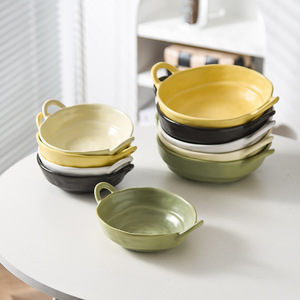Ensemble de bols en céramique à double anse, faits à la main, finition mate, couleur unie, compatibles micro-ondes, grand plat de service pour hôtel et café - Product Image 2