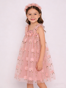 Abito da Damigella in Pizzo con Ricami Floreali, Tutu Traspirante Antirughe con Spalle Scoperte per Bambine 0-6 Anni, con Fascia per Capelli - Product Image 1