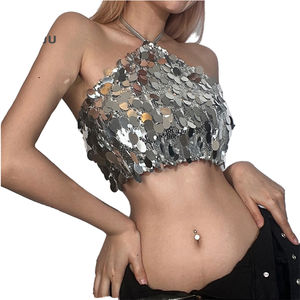 Top Corto Sexy da Donna con Scollo a V in Maglia e Catena per il Corpo con Grandi Paillettes e Perline, Nero, per Serate in Discoteca e Feste - Product Image 1