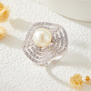 Geometric Pearl Zircon <b>Open</b> <b>Ring</b> Pave Setting Copper Plated Gold Index Finger Party Jewelry - Product Image 4