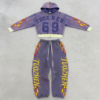 Ensemble sweat à capuche court zippé coupe droite délavé style Y2K avec pantalon de survêtement à motif 3D en strass et broderie automne – Ensemble 2 pièces