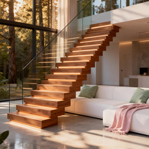 Scala Prefabbricata a Sbalzo Struttura in Acciaio di Arte Moderna Gradini in Legno Massello Ringhiera in Vetro per Interni, Stile di Tendenza - Product Image 5