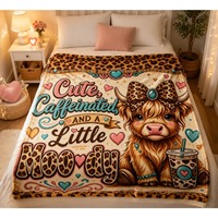 Couverture en flanelle premium à imprimé léopard et vache des Highlands, thème café, pour canapé, chambre, décoration de ferme, cadeau