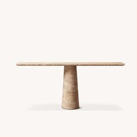 Table à manger élégante et moderne en travertin, piédestal conique, pierre beige, bord arrondi, pour salon, pièce maîtresse de la maison, personnalisable OEM