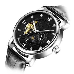 <span class=keywords><strong>Montre</strong></span> mécanique <span class=keywords><strong>à</strong></span> cinq aiguilles incrustée de diamants, <span class=keywords><strong>montre</strong></span> squelette tourbillon soleil lune étoile avec bracelet en cuir pour homme - Product Image 1