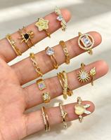 Cincin Emas Terbuka Bentuk Bintang Geometris yang Anggun, Tali Cincin yang Dapat Disesuaikan, Cincin Jari Bertumpuk Kristal CZ Berkilau untuk Anak Perempuan