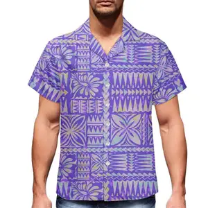 Casual Loose Tropical Button Up Shirts 2024 Men Polynesian Print On Demand Custom Polyester Purple Colour Plus Size Beach Shirts