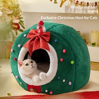 Nouveau Nid pour Chat Rond Semi-fermé Vert Bonhomme de Neige de Noël, Lit d'Intérieur Chaud pour Chat en Hiver, Vente en Gros Halloween
