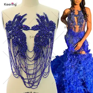 WDP-297 Keering Beautiful Jewel Shoulder Flowers Rhinestones Crystal fringes Diamond Embroidery Patch Applique For Gown