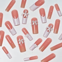 Lot de 24 faux ongles longs carrés à presser, rose nude, style français, avec nœud 3D argenté et fleurs en strass, pour manucure DIY