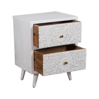Table de chevet en bois sculptée à la main avec 2 tiroirs, finition blanchie, motif floral