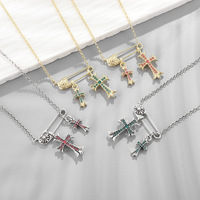 Collier pendentif double croix K Luo avec diamants colorés, style vintage hip-hop, chaîne de pull pour couple