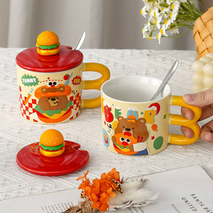 Mug en céramique créatif et mignon en forme d'ours frites, tasse résistante aux hautes températures avec couvercle pour usage domestique - Product Image 2