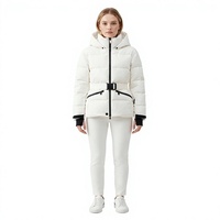 Veste d'hiver rembourrée en duvet pour femme, blanche, à capuche, avec ceinture, fermeture éclair noire