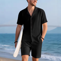 Ensemble de plage décontracté pour homme, été 2026, style européen et américain, tricoté, 100 % fibre de bambou, chemise à manches courtes rayée et short