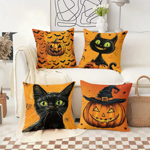 Halloween themed throw pillows featuring black cats and jack-o-lanterns for festive home decor - Product Image 2