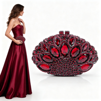 Rote Kristall-Abendclutch, Ovale Marquise-Strass-Diamant-Handtasche, Luxuriöse Damen-Handtasche für Hochzeiten und Partys mit Silberkette