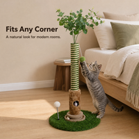 Griffoir pour chat en sisal haut avec enveloppe en corde verte, tanière en peluche avec trou pour souris et jouet interactif à bille pour chats d'intérieur