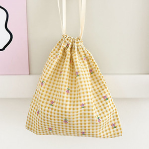 Yellow Checkered Floral Cotton Drawstring Bag Fresh Minimalist Instagram-worthy Storage Bag for Travel Organizing Small Items - Product Image 5