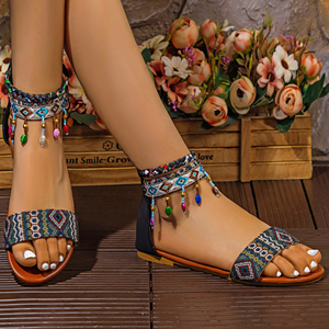 Sandalias Romanas Étnicas Bohemias Nuevas para Mujer, Hechas a Mano con Cuentas, Cierre de Cremallera Trasera, Suela Plana Cómoda, Ligeras, Casuales de Verano para la Playa - Product Image 3