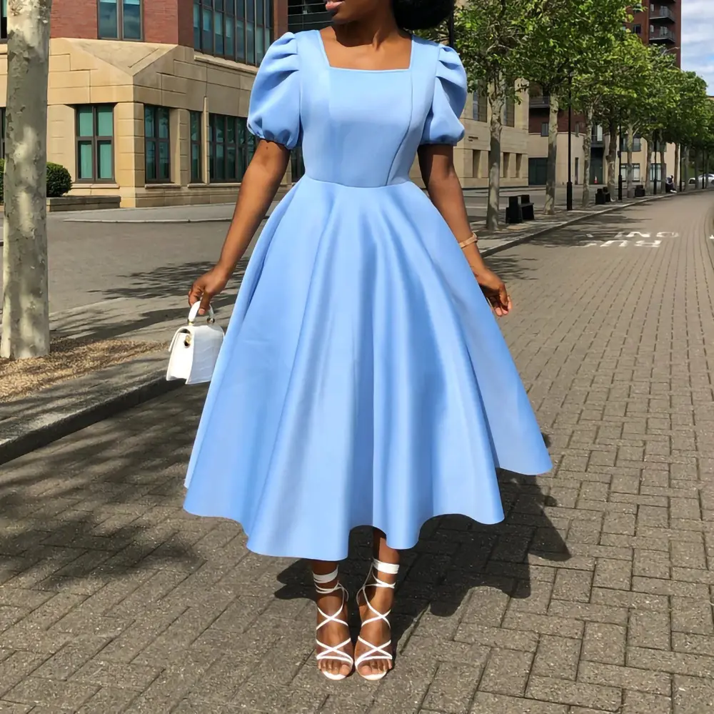 Elegant Blue Party Office A-line Pleated African Female Career Dresses