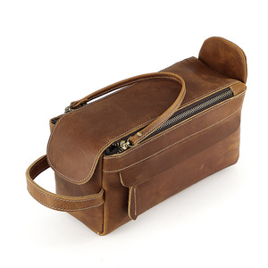 Nouveau Vintage grande capacité en cuir <span class=keywords><strong>de</strong></span> vachette en cuir véritable pour hommes pour trousse <span class=keywords><strong>de</strong></span> <span class=keywords><strong>toilette</strong></span> pochette à fermeture éclair transfrontalière - Product Image 1