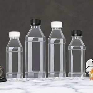 Bouteille en plastique PET transparente personnalisée de 100 ml, 250 ml, 350 ml pour thé au lait, jus, carrée avec couvercle noir argenté - Product Image 2