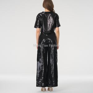 Pantalon large à sequins taille haute de qualité supérieure pour femme, noir, entièrement à sequins, coupe ample - Product Image 3