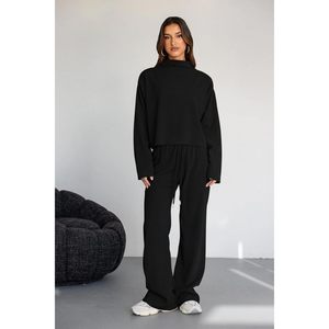 FOXA Women <b>Knit</b> Sweatsuit <b>Set</b> Mock Neck Long Sleeve Wide Leg Pants Lounge Outfit Breathable Cotton Two Piece <b>Set</b> - Product Image 2
