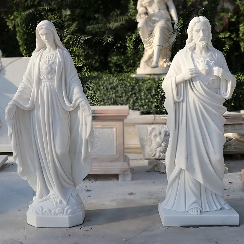Outdoor Levensgrote Hand Gesneden Heilig Hart Marmer Jezus & Mary Standbeeld Te Koop