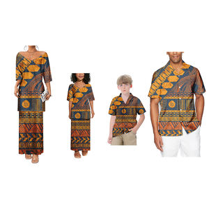 家庭配套服装套装波利尼西亚印花4pcs套装女式和女童Puletasi连衣裙长带短裤袖搭配男式和男童衬衫 - Product Image 3