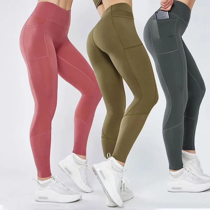 Oem Custom gym fitness clothing women high waist yoga pants wholesale fitness leggings with side pockets cell phone leggings