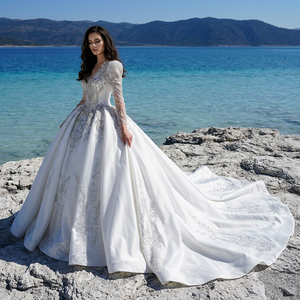 Gt26006 Precioso Vestido de Novia de Satén Estilo Princesa, Hecho a Mano con Cristales y Perlas, Cuello en V, Vestido de Novia Jancember - Product Image 1