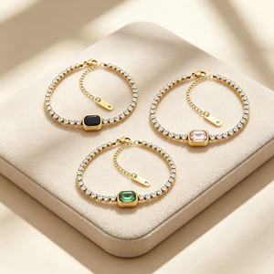 Pulsera de tenis de moda con circonita cúbica brillante con corte esmeralda en el centro, de acero inoxidable, sin níquel, chapada en oro de 18 quilates, para bodas, fiestas y aniversarios - Product Image 5