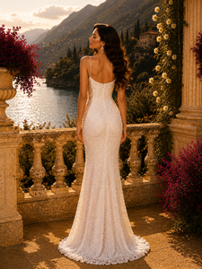 <span class=keywords><strong>Abito</strong></span> a sirena con perle bianche, ispirato all'Art Déco, <span class=keywords><strong>senza</strong></span> <span class=keywords><strong>spalline</strong></span> con inserti in rete, ideale per red carpet e gala. - Product Image 4