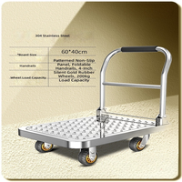 Carretilla de Plataforma Plegable de Acero Inoxidable 202 de 60x40cm, Galvanizada en Zinc, con Cuatro Ruedas, OEM, con Ruedas de Goma Silenciosas Antideslizantes de 4 Pulgadas para Transporte